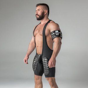 MASKULO Wrestling Singlet Open Rear, Detachable Codpiece,Thigh Pads, Black.XL=38